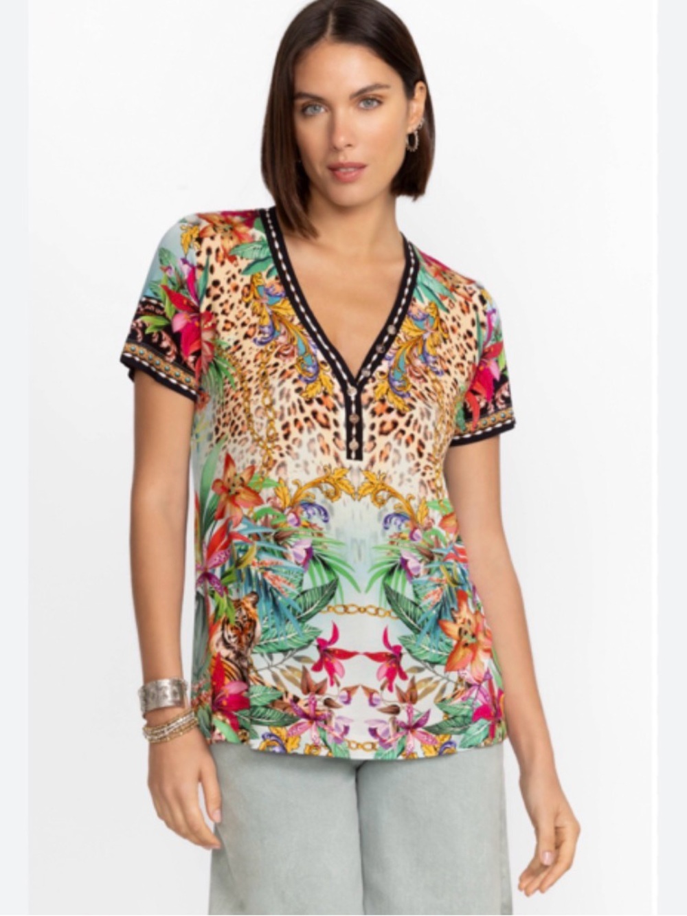 NWT Johnny Was Miller Tigeres Short Sleeve Henley Tee
